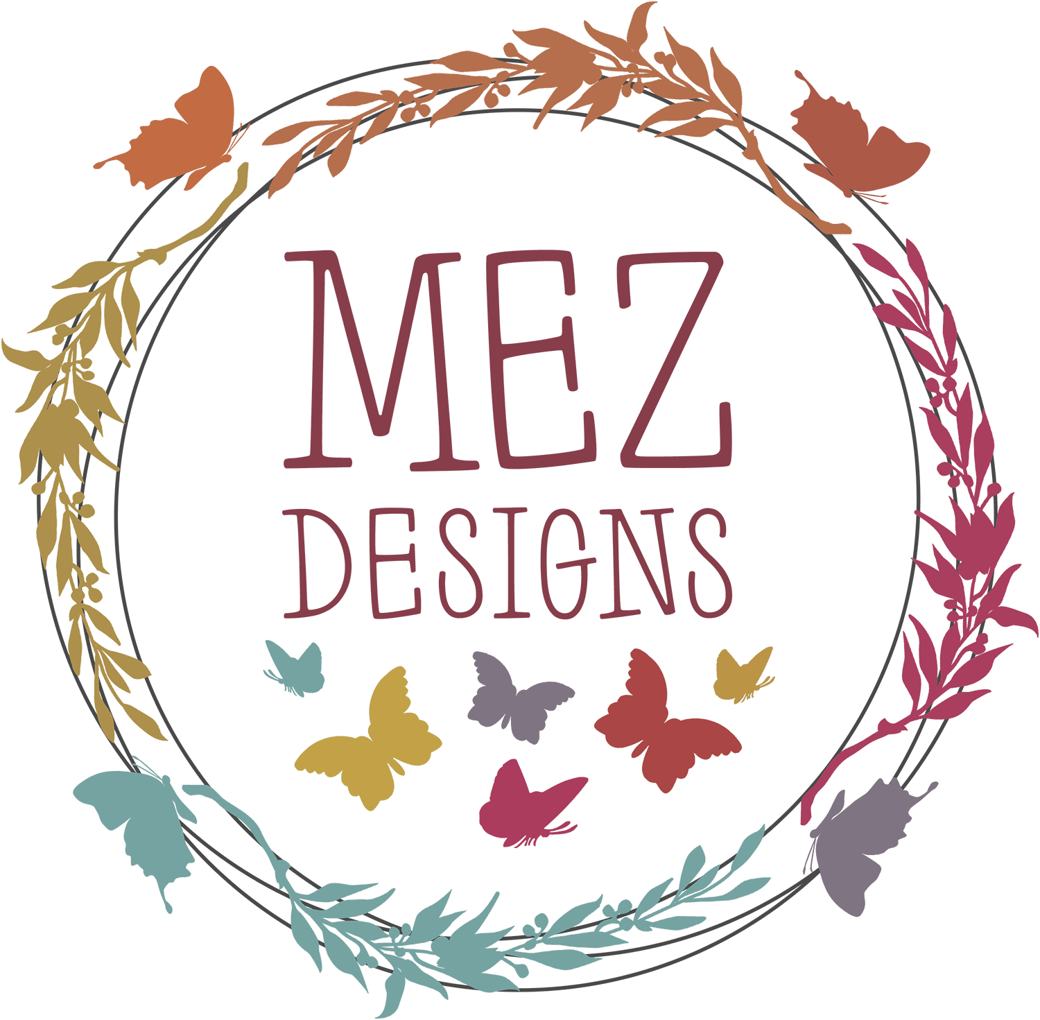MEZ Designs logo wreathed in laurels and butterflies